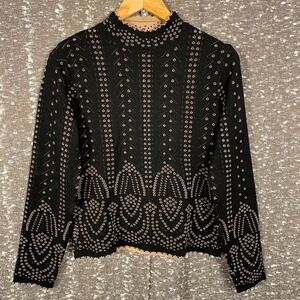 Vintage Cabo Knit Patterned Sweater‎ Black Mock Neck Boho Chic Women's Large